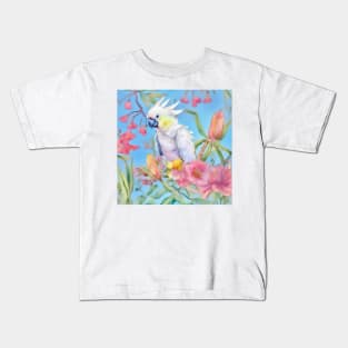 Cockatoo parrot and tropical flowers Kids T-Shirt